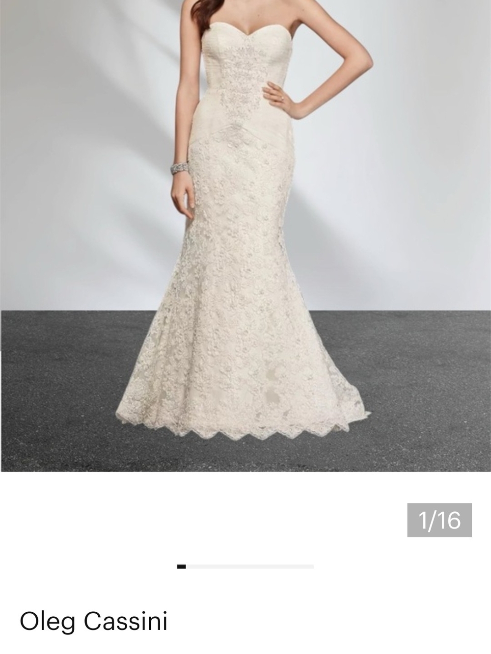 Oleg Cassini Ivory Lace Strapless Mermaid Wedding Gown - 8P